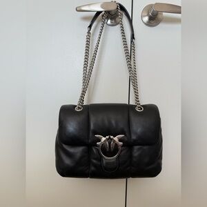 Pinko Black Quilted Shoulder Bag with Silver Bird Ring